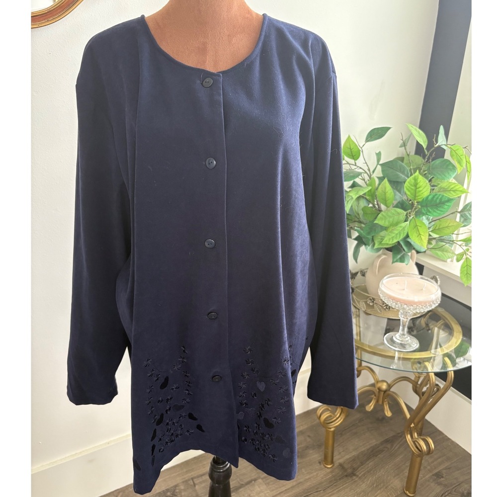 Jane Ashley Navy Blue Button Down Tunic Top Long Sleeve Laser Cut Details‎